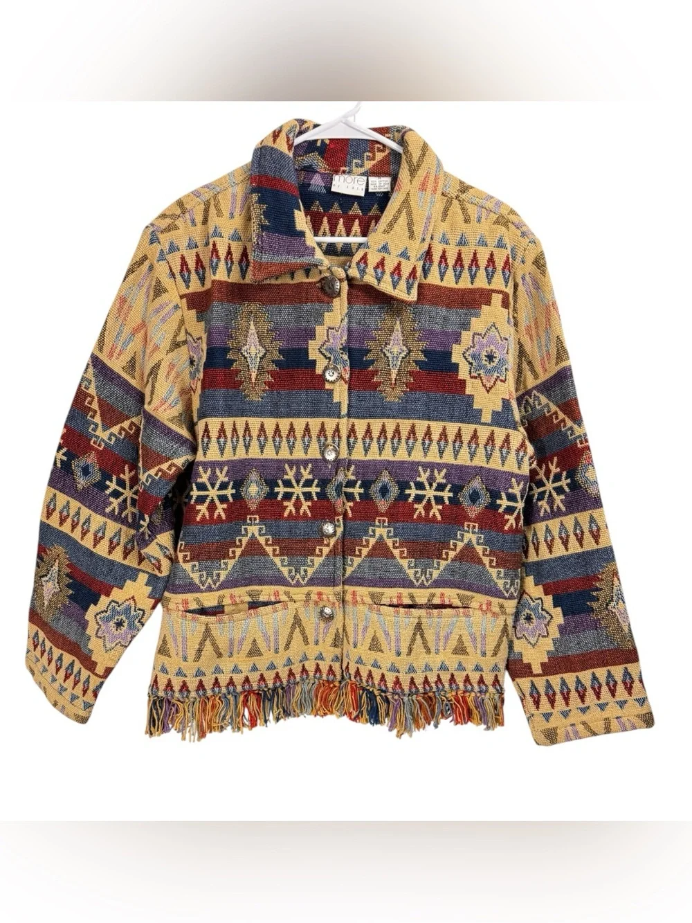 Aztec Southwestern Size Medium Tapestry Jacket Silver Metal Buttons Fringe Hem